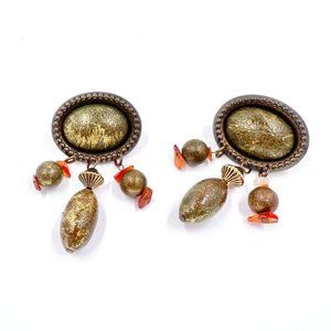 NWOT - BOHO Vibes Green/Gold Oval Dangle Brass Tone Post Earrings